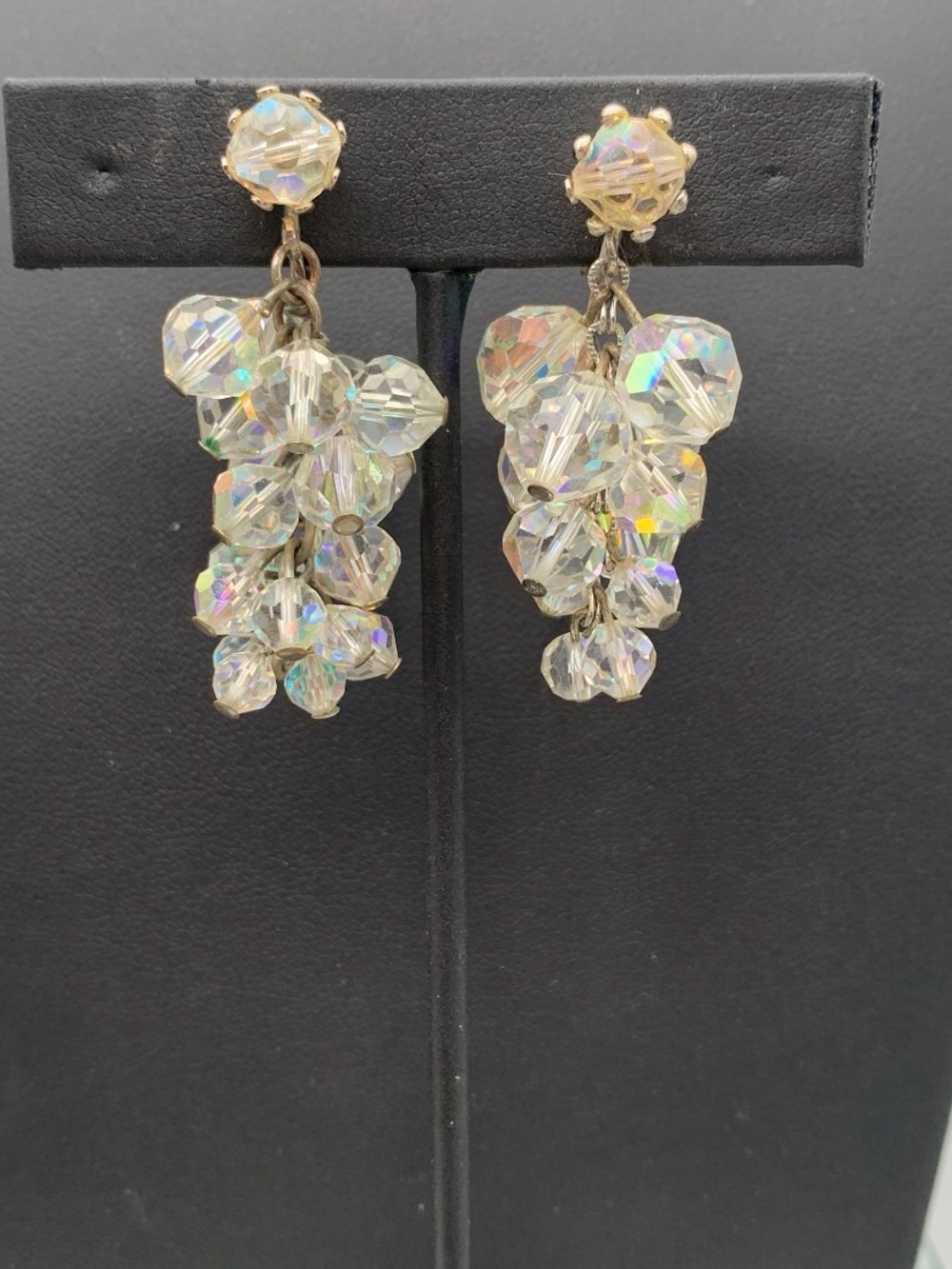 Vintage Iridescent Aurora Borealis Crystal Cluster cha cha clip on Earrings